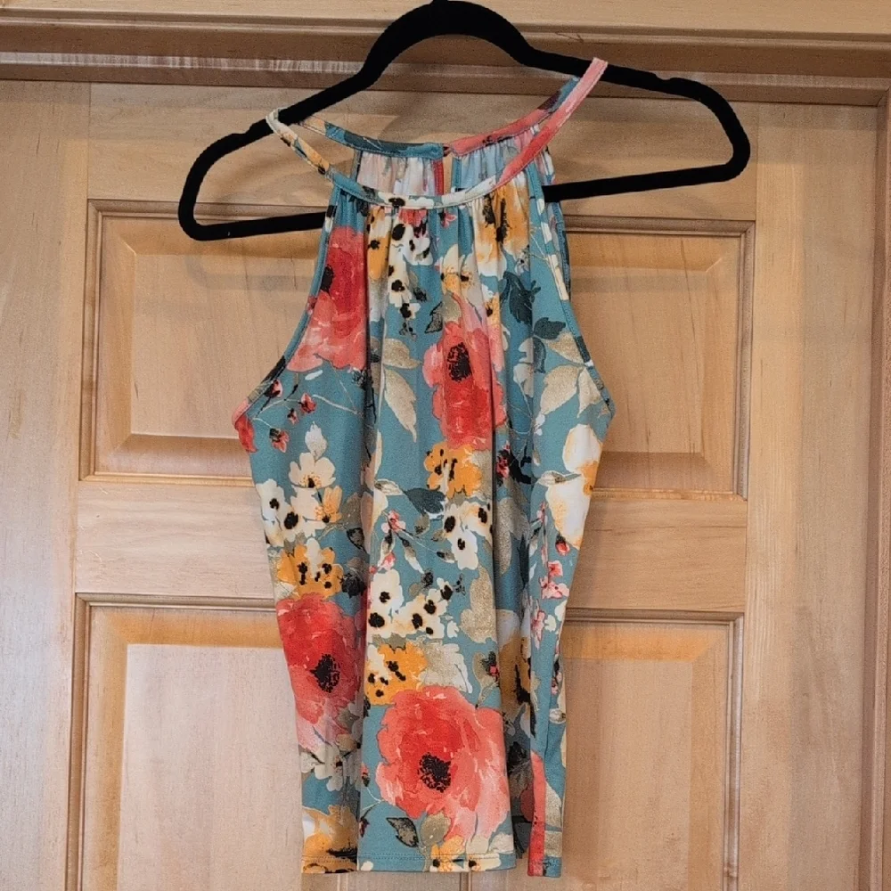 Papermoon Floral Halter Tank Top - Red and Orange on Teal - Picture 1 of 5